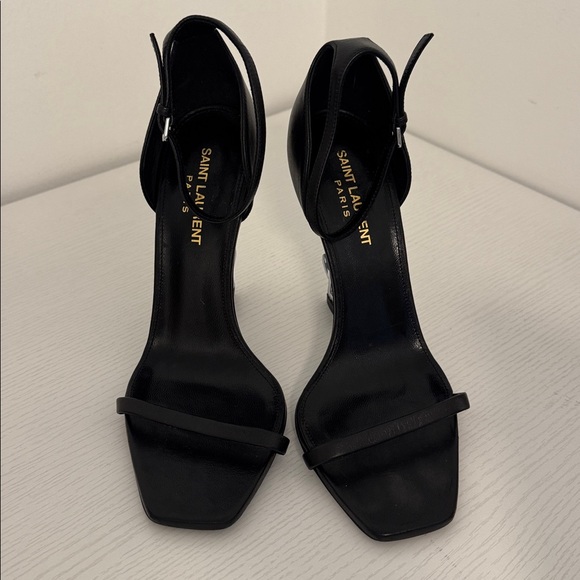 Saint Laurent Opyum YSL Logo Black Leather Silver High Heel Sandal EU 38 US 8 - Picture 2 of 10